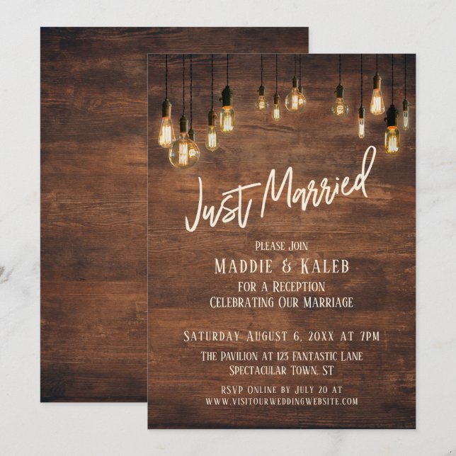 Braune Holzwand mit Edison Lights, nur verheiratet Einladung (Vorne/Hinten)