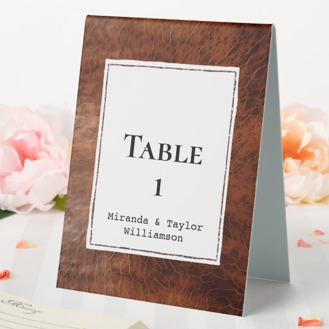Braune Imitate Leather Wedding Tischnummer Tischaufsteller (In Situ (Hochzeit))
