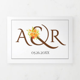 Braune Initialen Ampere und orangefarbene Rose Hoc Dreifach Gefaltete Einladung