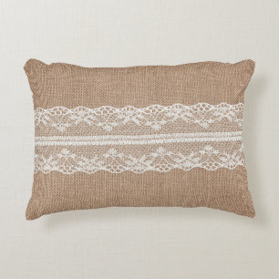 Braune Jute Leinen Weiß Spitze Textur Dekokissen