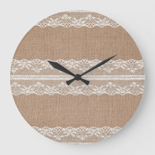 Braune Jute Leinen Weiß Spitze Textur Große Wanduhr