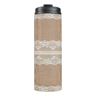 Braune Jute Leinen Weiß Spitze Textur Thermosbecher