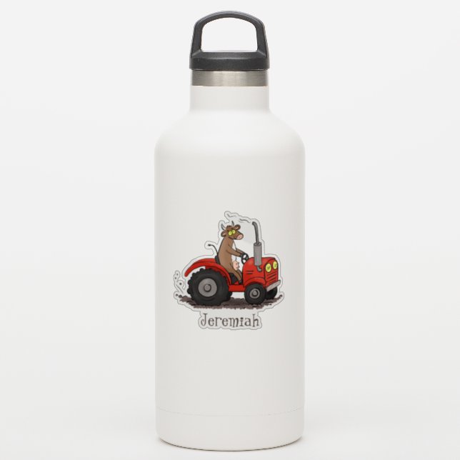 Braune Kuh mit rotem Traktor Cartoon Aufkleber (Wassserflasche)