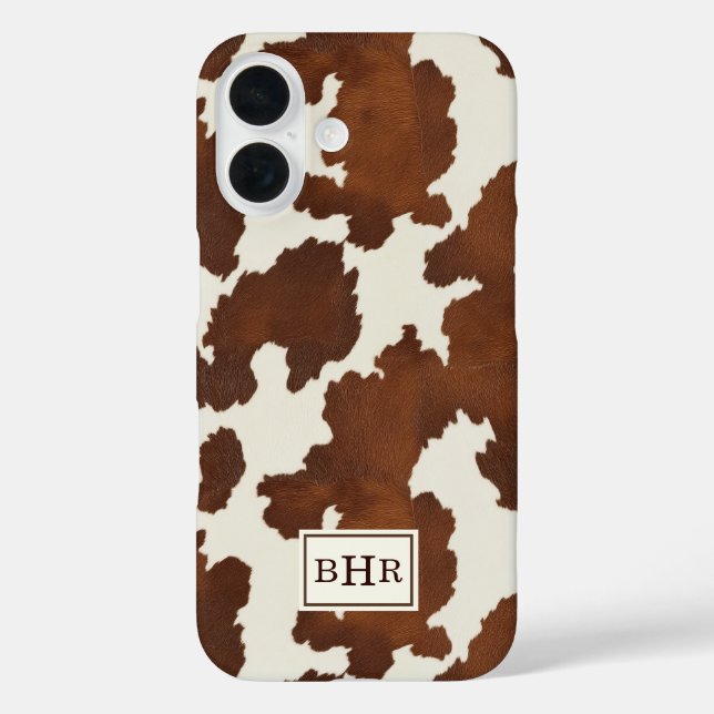 Braune Kuhleder-Monogramm iPhone 16 Hülle (Rückseite)