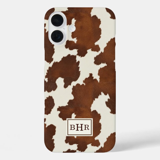 Braune Kuhleder-Monogramm iPhone 16 Plus Hülle (Rückseite)
