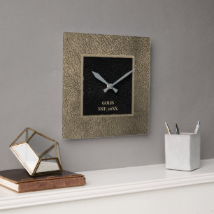 Braune Kunstleder-Wanduhr in Schwarz Quadratische Wanduhr