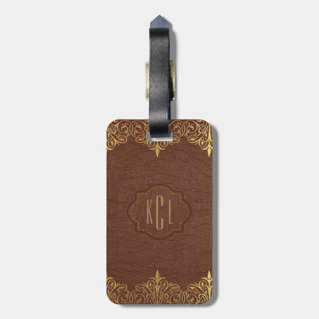 Braune Leder Gold Lace Accents Gepäckanhänger (Rückseite vertikal)