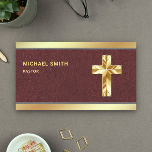Braune Leder Goldfolie Jesus Christus Kreuz Pastor Visitenkarte