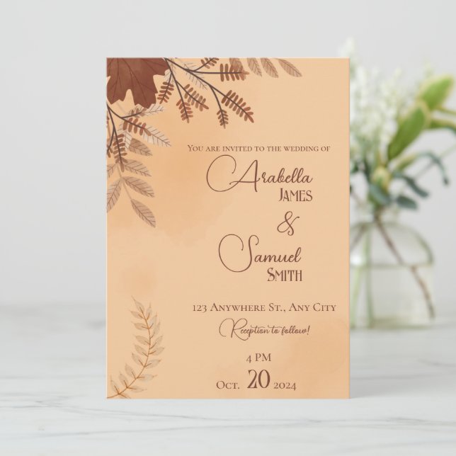 Braune Minimalistische Hochzeit im Herbst Einladun Einladung (Stehend Vorderseite)