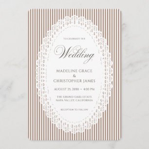 Braune Mocha-Streifen-Spitzen-Doily-Hochzeit Einladung