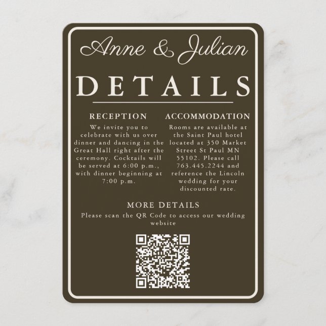 Braune moderne Hochzeitsdetails Karte QR-Code & Fo (Vorderseite)