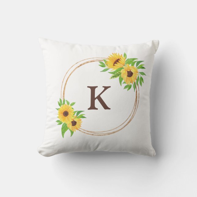 Braune Monogram Sonnenblumen Gold Frame Grüne Blät Kissen (Vorderseite)