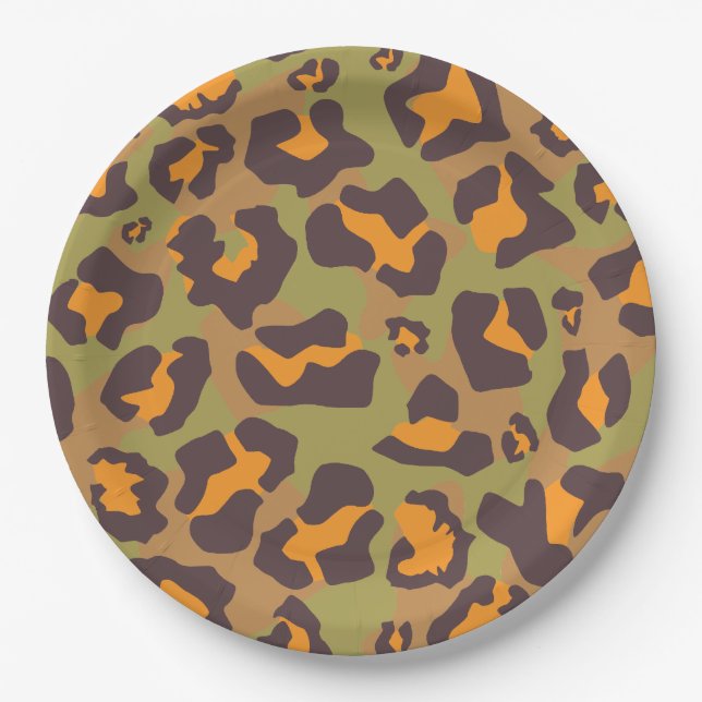 Braune, orangefarbene und olivgrüne Leoparden Pappteller (Vorderseite)