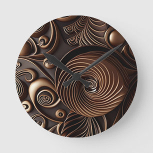 Braune ornamentale Spiralen und Schwünge aus Schok Runde Wanduhr