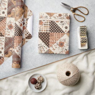Braune Patchwork-Quilt-Erde-Ton Gingham Cottagecor Geschenkpapier
