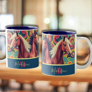 Braune Pferde auf farbigen Musternamen Zweifarbige Tasse