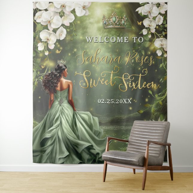 Braune Prinzessin und Frosch Salbei grünes Kleid S Wandteppich (Beispiel)