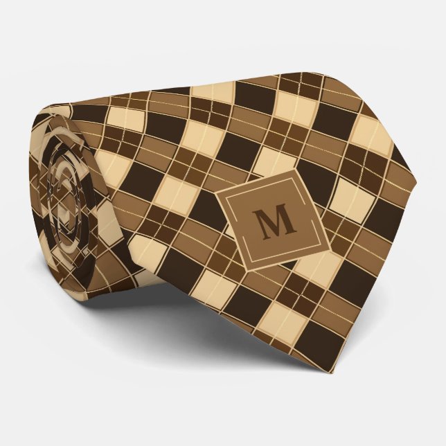 Braune Retro-Raute Mit Monogramm Krawatte (Gerollt)