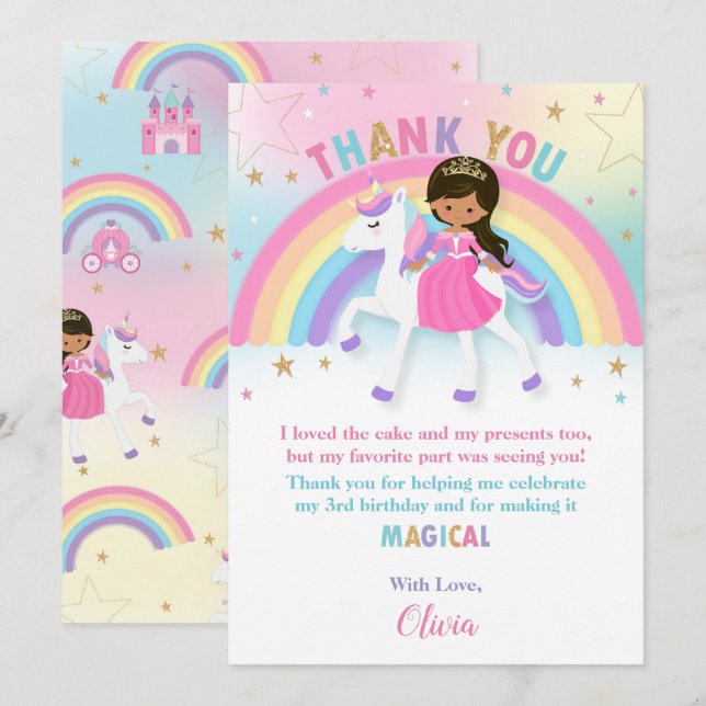 Braune Skin Princess und Rainbow Unicorn Geburtsta Dankeskarte (Vorne/Hinten)