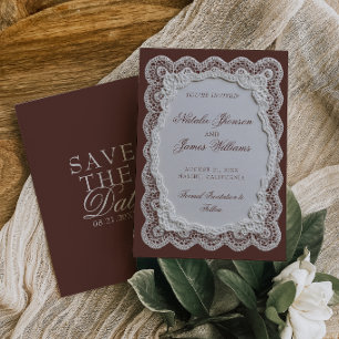 Braune Spitzen-Doily-Hochzeit im Stil von Old Mone Save The Date