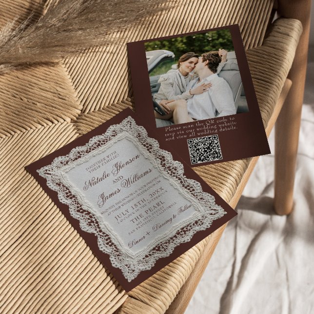 Braune Spitzendeckchen-Hochzeits-QR-Code-Foto  Einladung (Von Creator hochgeladen)