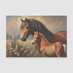 Braune Stute mit Fohlen Wildblumen-Decoupage Seidenpapier