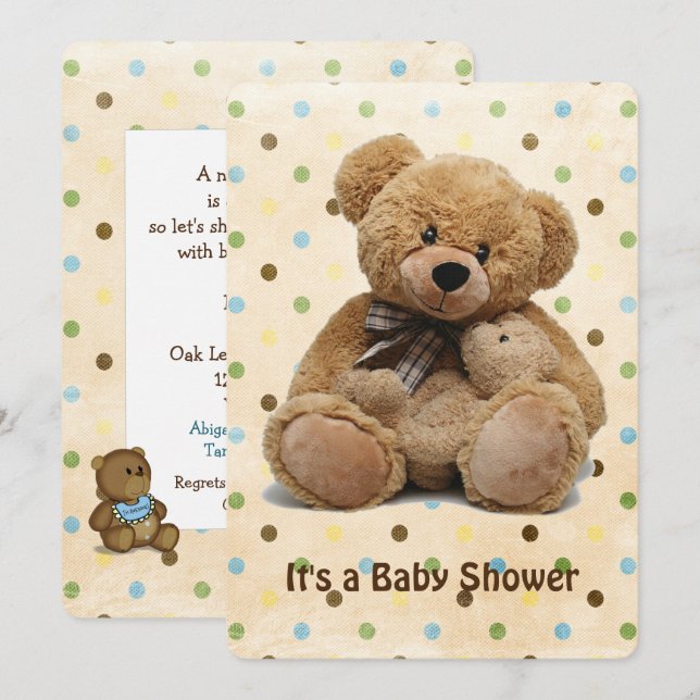 Braune Teddy Bears auf Polka Dots Baby Dusche Einladung (Vorne/Hinten)
