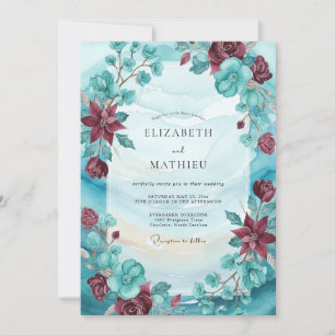 Braune Türkis Wilde Blumen Hochzeit Einladung