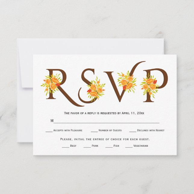 Braune Typografie, orangefarbene Rose Hochzeit-RSV RSVP Karte (Vorderseite)