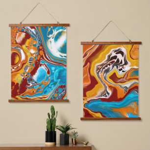 Braune und blaue digitale Fluid Art Wandteppich Mit Holzrahmen