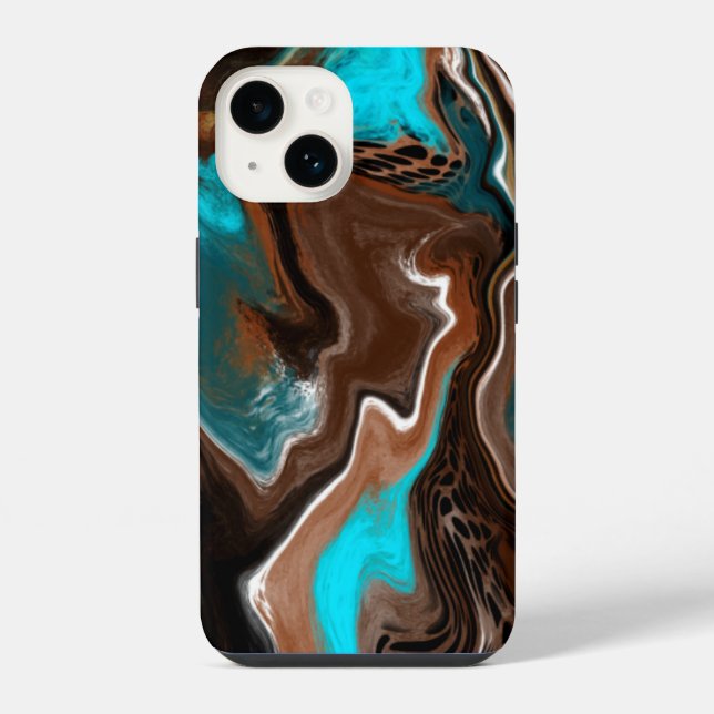 Braune und blaue Marmorflüssigkeit Kunst iPhone 14 Hülle (Rückseite)