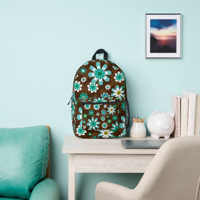 Braune und blaue Retro-Mod-Blume Bedruckter Rucksack (InSitu)