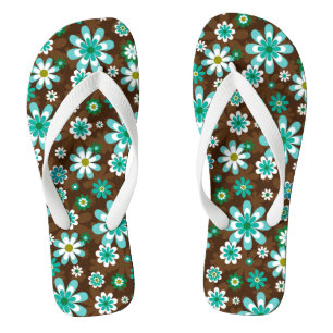Braune und blaue Retro-Mod-Blume Flip Flops