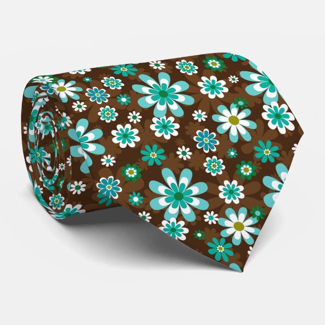 Braune und blaue Retro-Mod-Blume Krawatte (Gerollt)