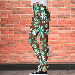 Braune und blaue Retro-Mod-Blume Leggings