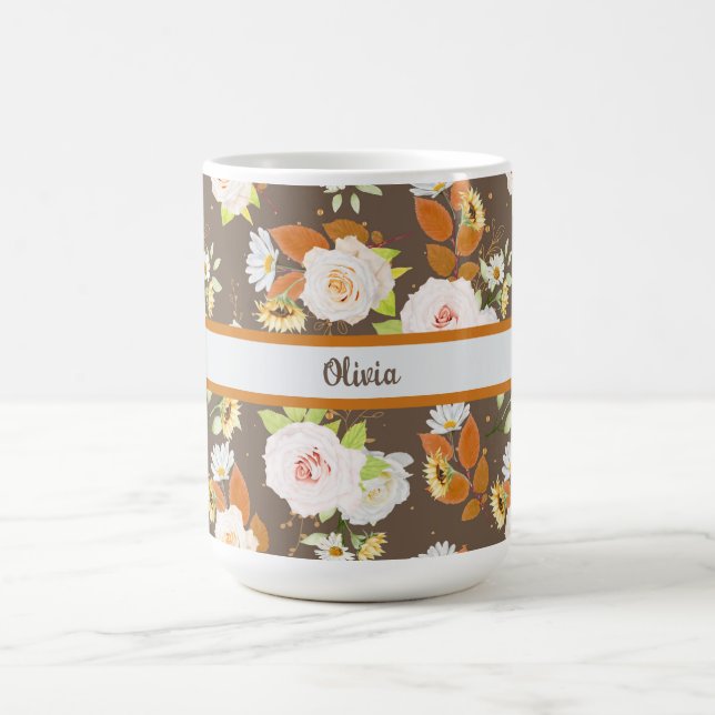 Braune und florale, Rose, Daisy Personalisiert Kaffeetasse (Mittel)
