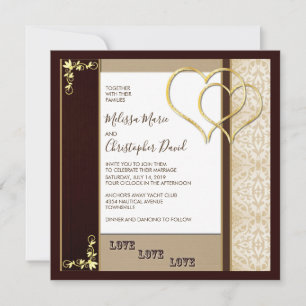 Braune und goldene Hochzeit mit Herzen Einladung