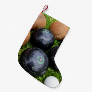 Braune und schwarze Vintage-Rasenbowlingkugeln, Kleiner Weihnachtsstrumpf