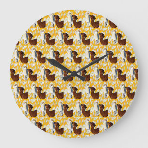 braune und weiße Alpacas mit Kakteen-Blume, Große Wanduhr