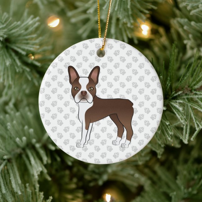 Braune und weiße Boston Terrier Cartoon Dog & Paws Keramik Ornament (Baum)