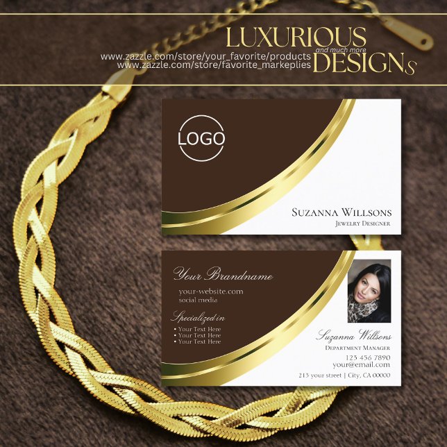 Braune und weiße Golddekoration mit Logos und Foto Visitenkarte (Von Creator hochgeladen)