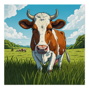 Braune und weiße Kuh, auf einem Grasfeld stehend Poster