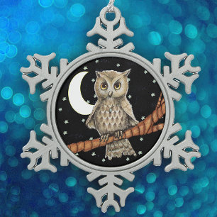 Braune Vintage-Eule mit Halskette, Halbmond und St Schneeflocken Zinn-Ornament