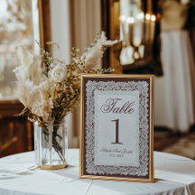 Braune Vintage-Hochzeitstisch-Nummer aus Spitze