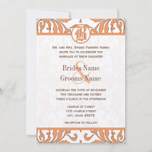 Braune Vintage-Koralle und Damast-Hochzeitseinladu Einladung
