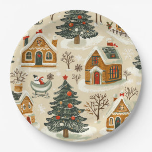 Braune Weihnachtsdorf-Gebäck-Beige Pappteller