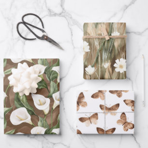 Braune Weiße Calla-Lilie Florale Hochzeitsdusche Geschenkpapier Set
