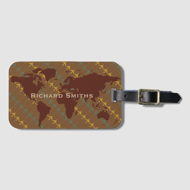 braune Weltkarte, Flugreise personalisiert Gepäckanhänger (Vorderseite (Horizontal))