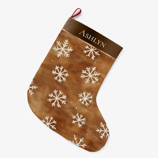 Braune Winterschneeflocken Großer Weihnachtsstrumpf (Vorderansicht (hängend))
