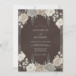 Braune zarte florale romantische Hochzeit Einladung
